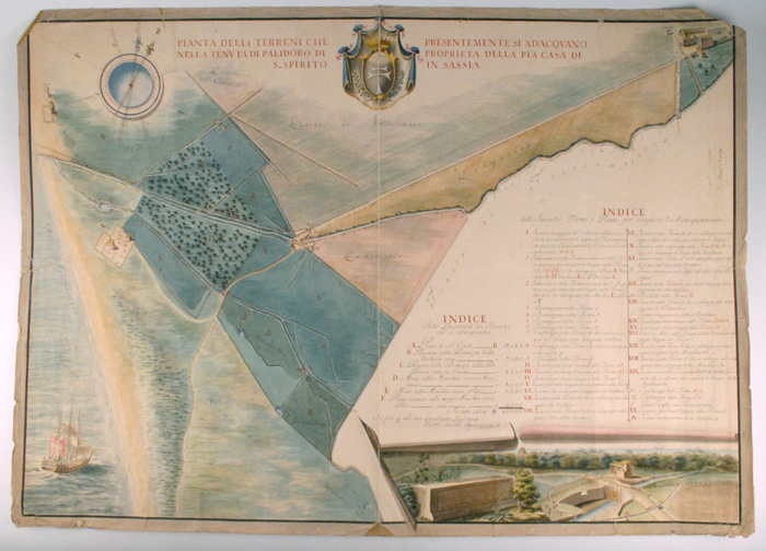 1809: Plan of Palidoro near Rome, Italy21 by 29in.Unique hand-drawn and coloured map including