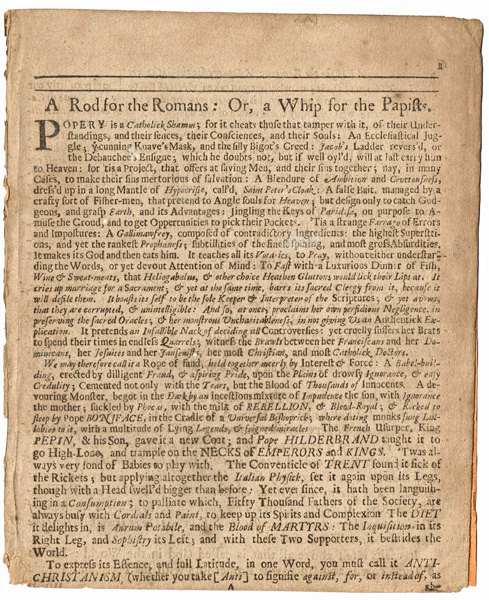 1708. anti Popery pamphlet. "A Rod for the Romans: Or, A Whip for the Papists"8.5 by 7in.Pp4,