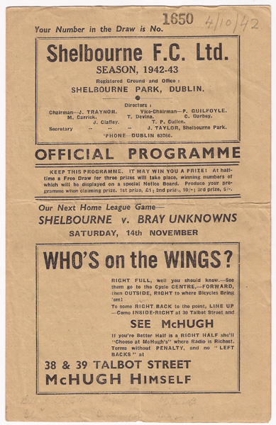 Soccer: 1942-46 Shelbourne F.C. programmes9 by 5.5in.A collection of 18 official home match