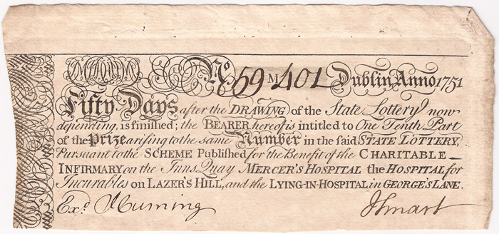 "1751: Dublin Joint Hospital Scheme lottery ticket "6.5 by 3in.One tenth ticket, number 59 M401, for