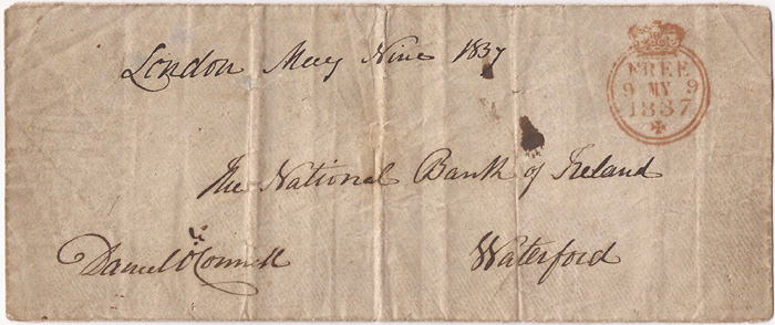 1837 (9 May) Daniel O`Connell signed envelope to National Bank of Ireland Waterford3.5 by 8.25in.
