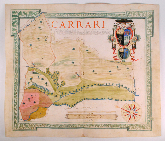 1822: Italian map of Porcharicco, Property of Cardinal Carrari20 by 23.5in.Hand-drawn and coloured