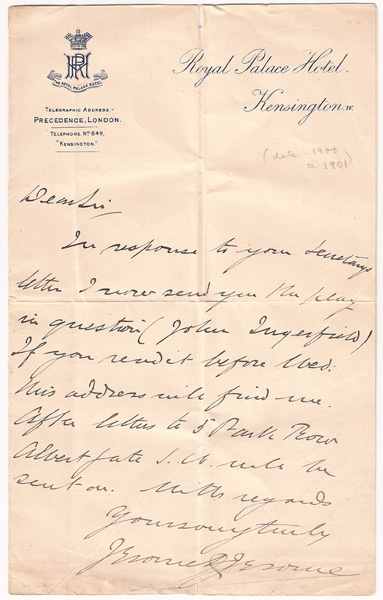 Jerome K Jerome (1859-1927) letter to Martin Harvey and others signed Cyril Maude and Gilbert