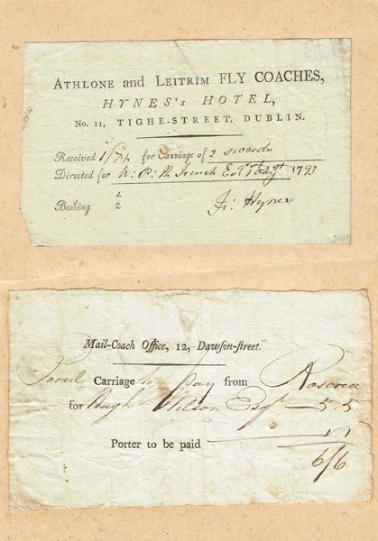 1793. Mail Coach receipts - Athlone and Leitrim, and Roscrea.4 by 6.5in."Athlone and Leitrim FLY
