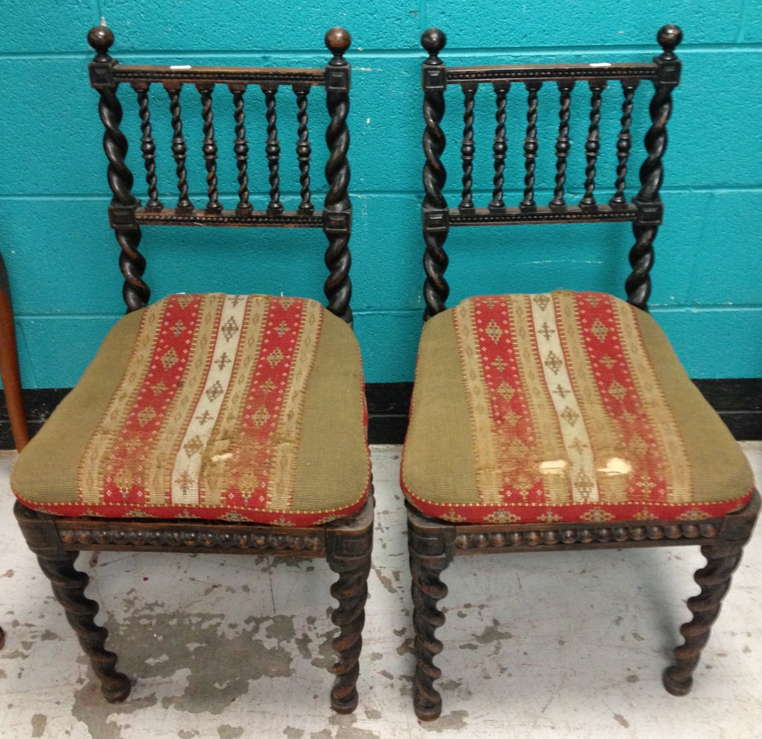 Pair of Tapestry Seated Twist Back Chairs