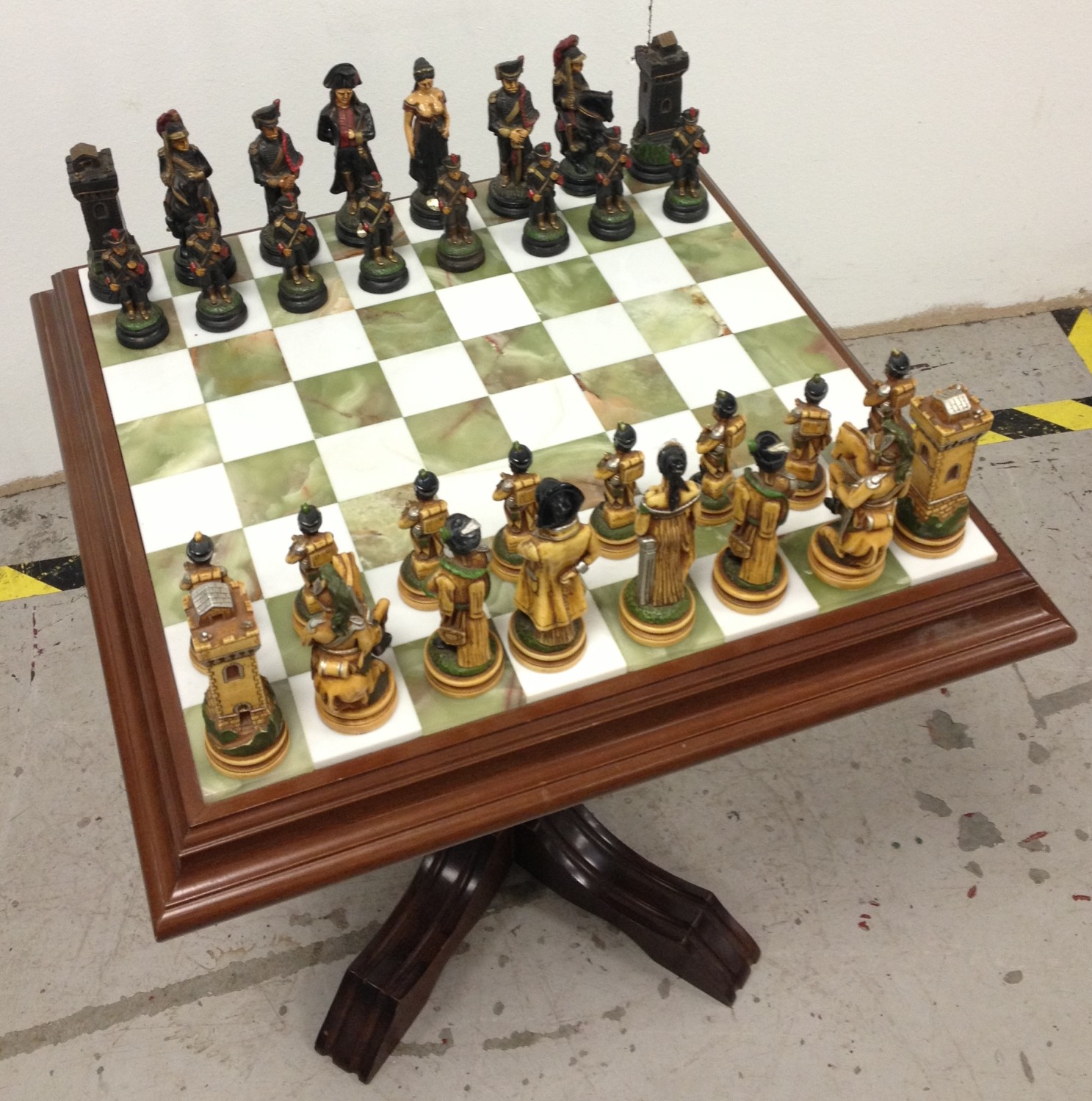 Hand Carved `Napoleon` Chess Set on Mahogany and Onyx Table