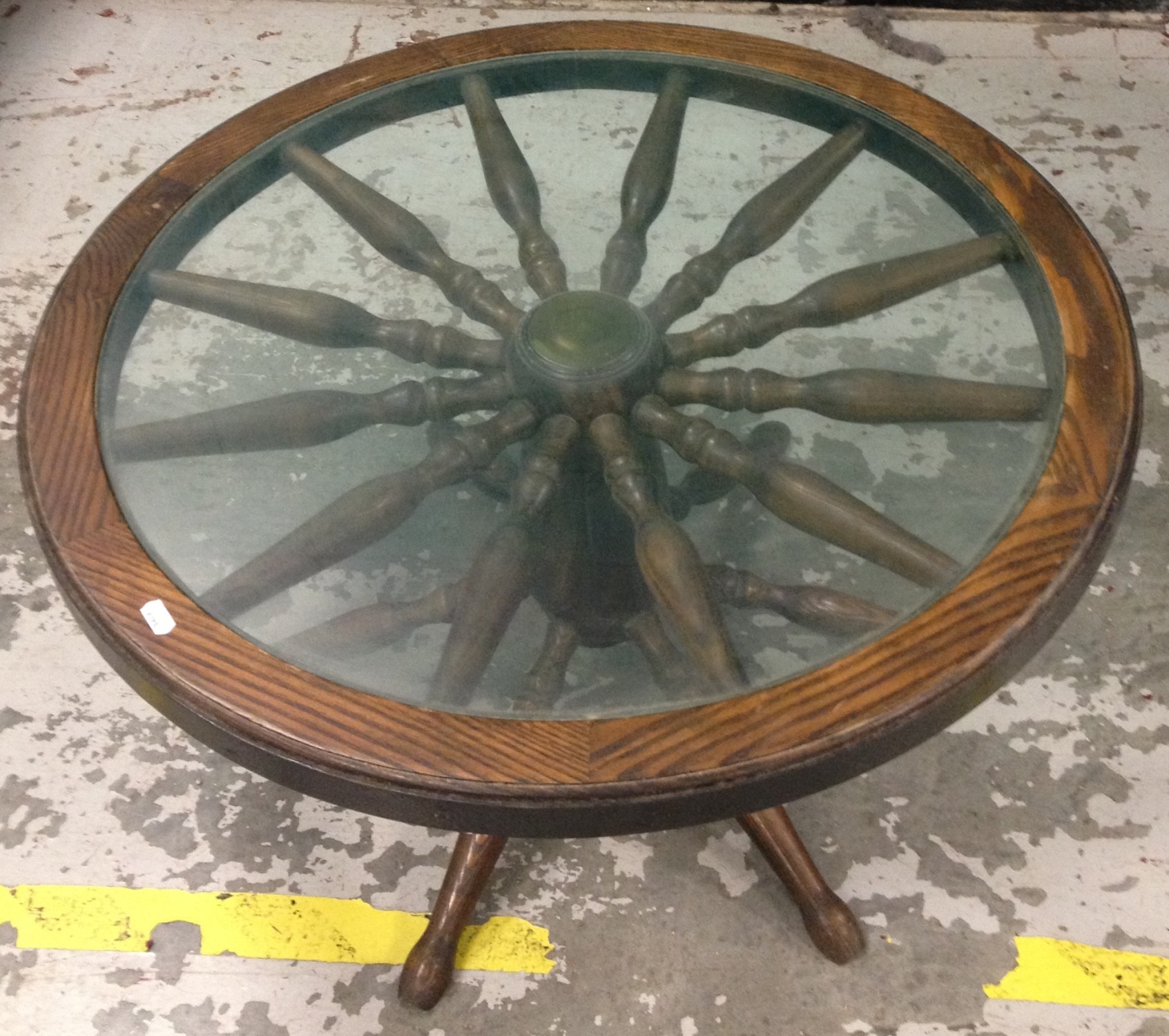Oak Glass Top Ships Wheel Table