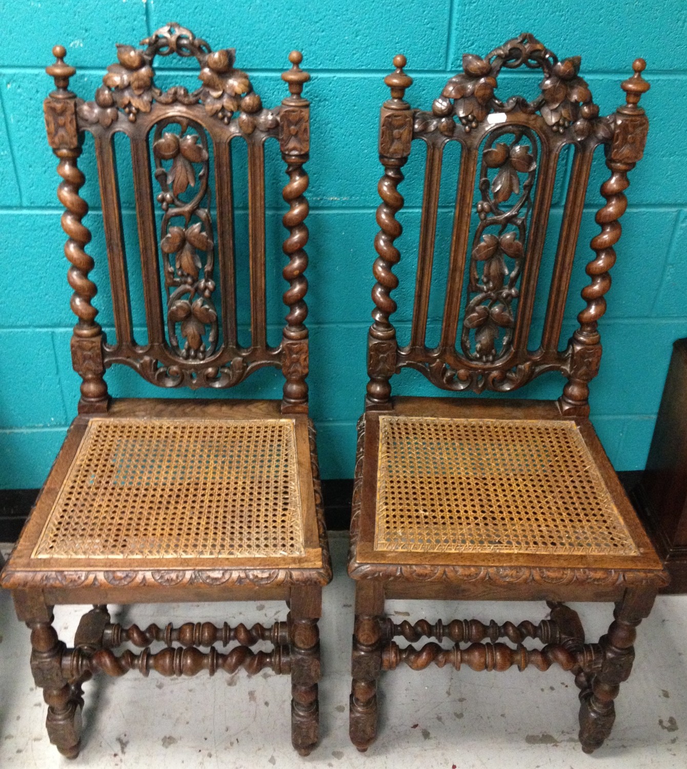 Pair of Heavily Carved Oak Bergere Hall seats