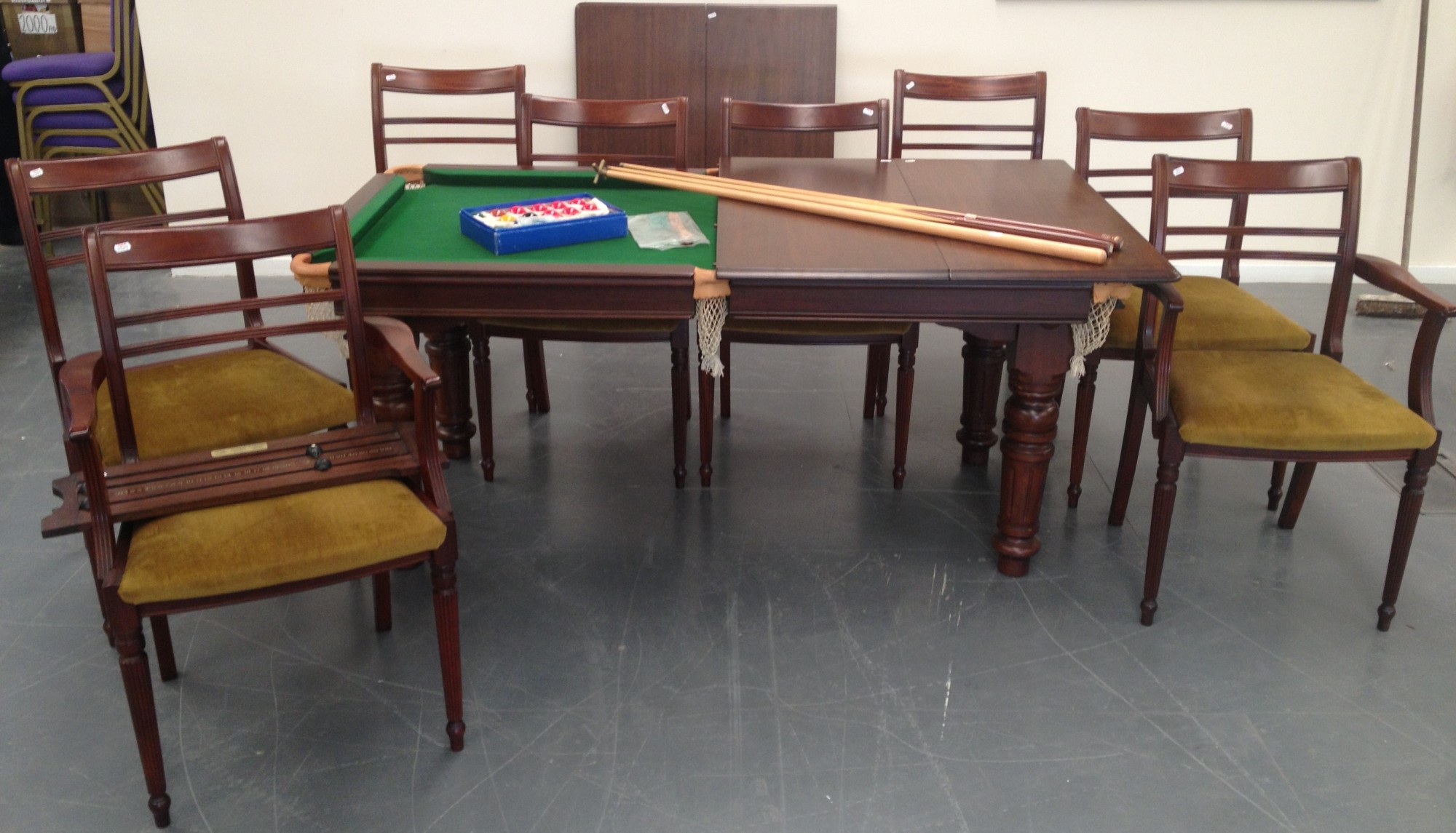 Mahogany Snooker / Dining Table with Eight Chairs, Cues, Balls ETC.