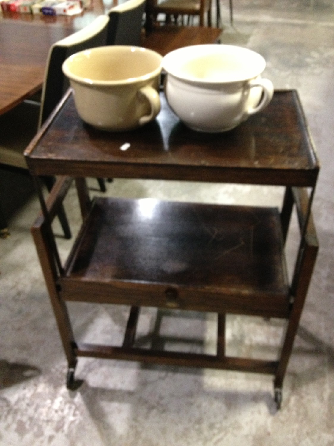 Oak folding trolley and two chamber pots