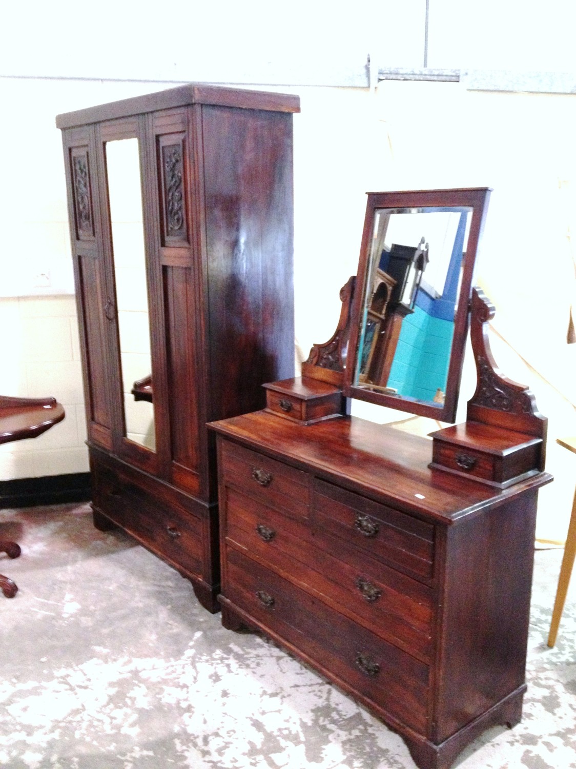 Mahogany mirror door wardrobe and dressing table