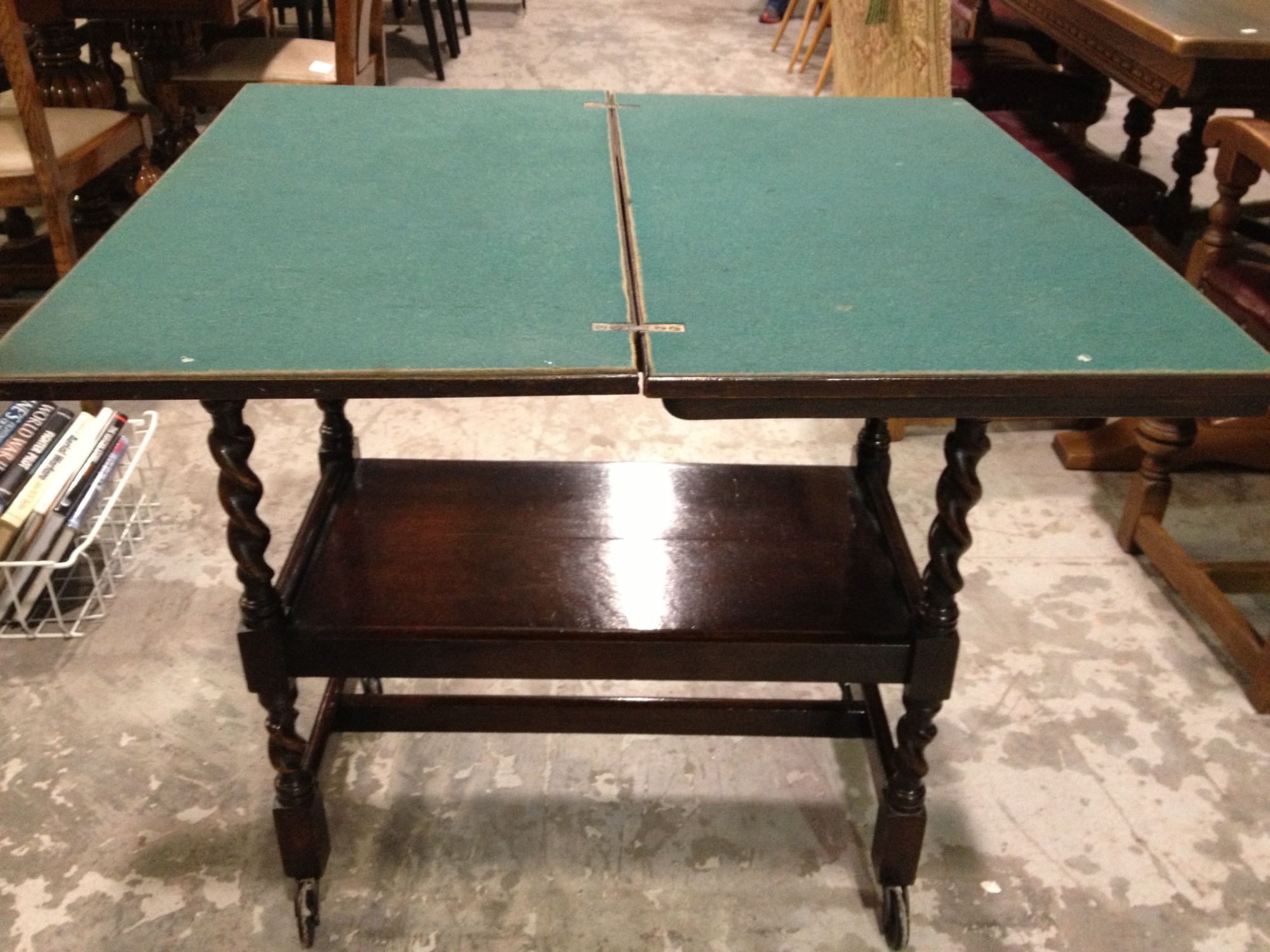 Oak fold over barley twist games table with green baize top