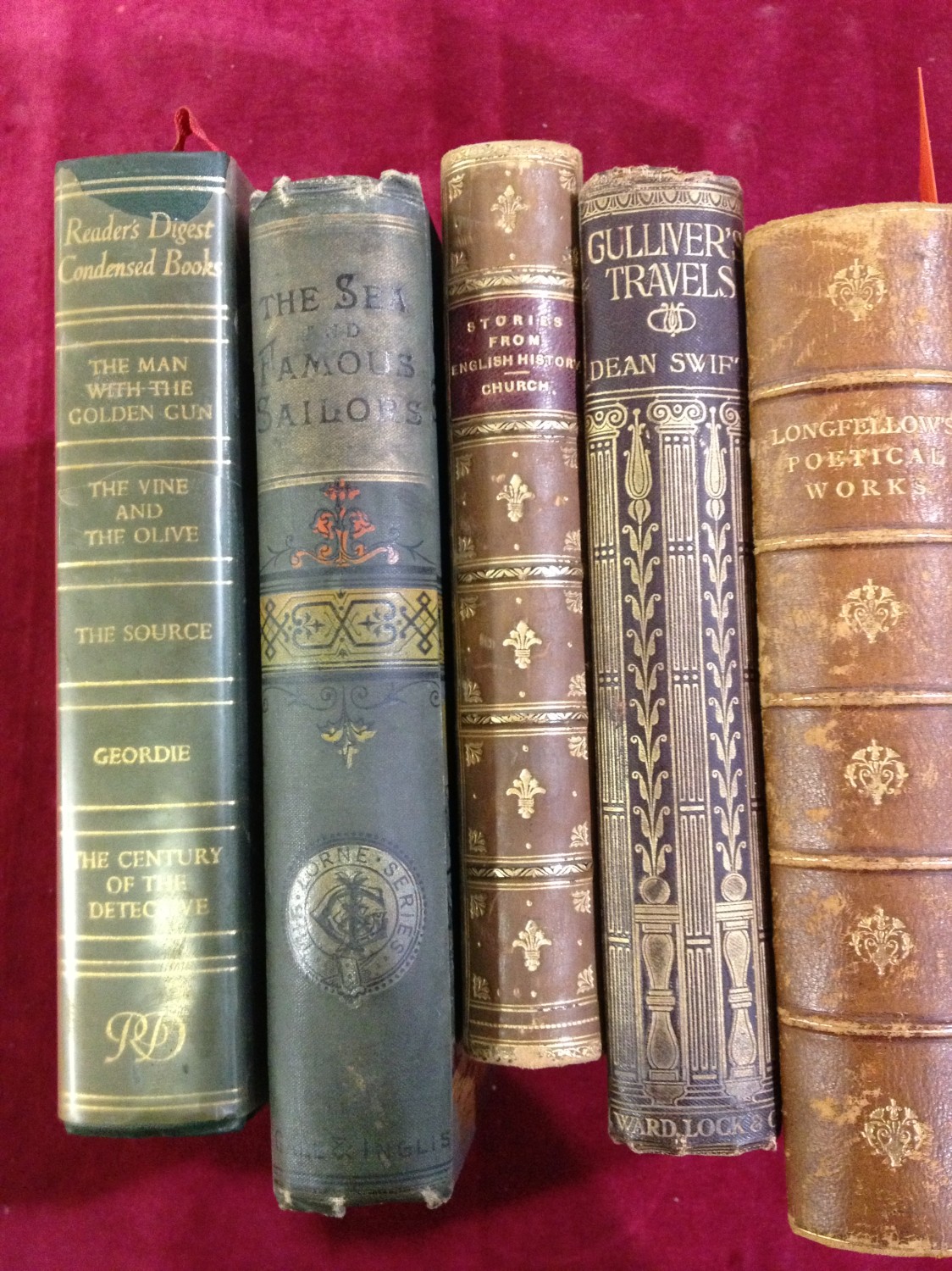 5 books, Gullivers travels, Longfellows poetry Etc.