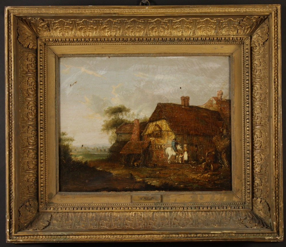 An 18th/19th Century Oil on Canvas; Rural Village Scene with man on horseback, woman & child stood