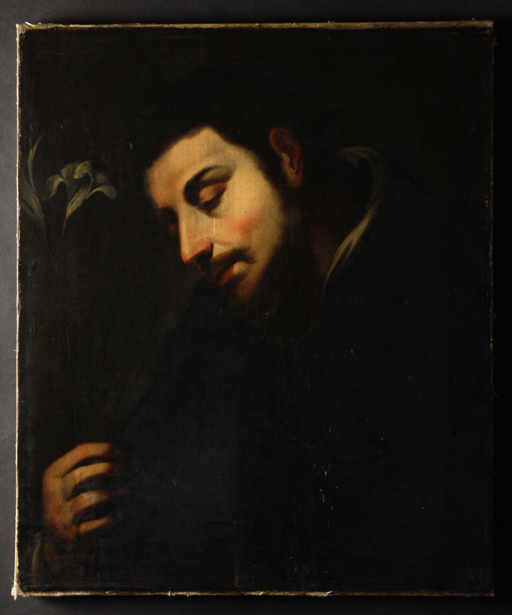 An Unframed 19th Century Oil on Canvas: Portrait of Saint Francis of Padua holding a lily, 24 ins