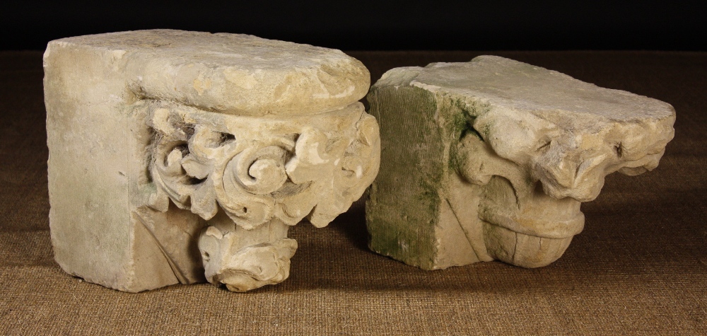 Two Architectural Stone Fragments carved with Gothic scrolling foliage: 12 ins (31 cms) high, 12 ins