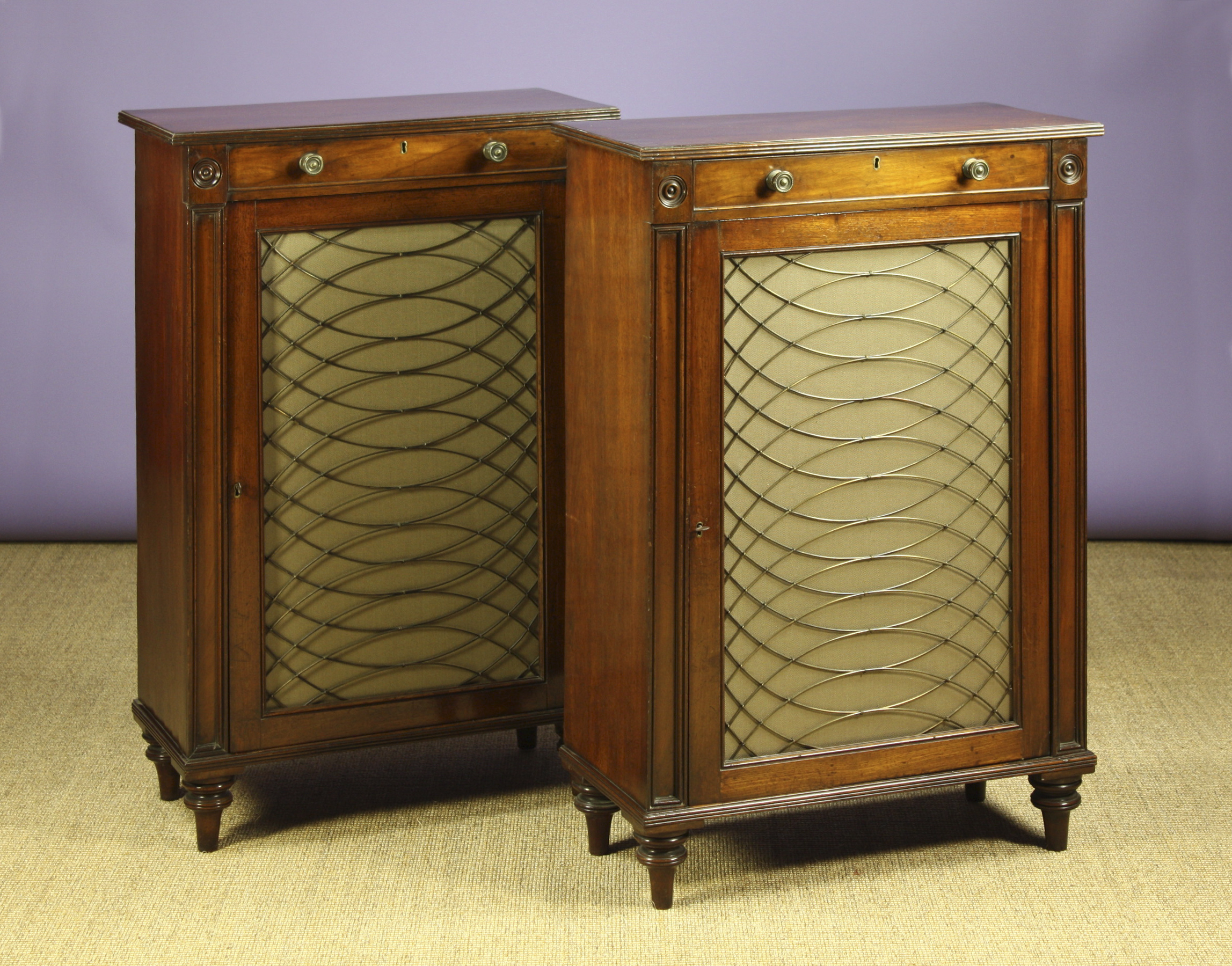 A Pair of Fine Regency Mahogany Pier Cabinets.  The rectangular tops having reeded edging above