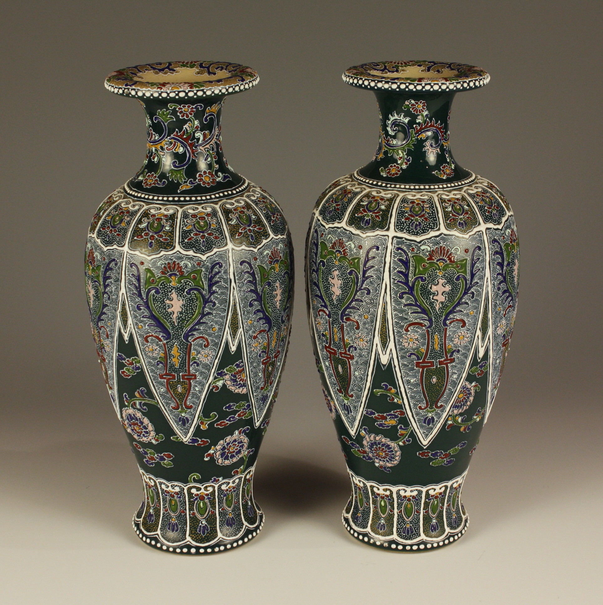 A Pair of Early 20th Century Japanese Moriage decorated Vases, Signed 'Tanzan'. Measuring 13 ins (33