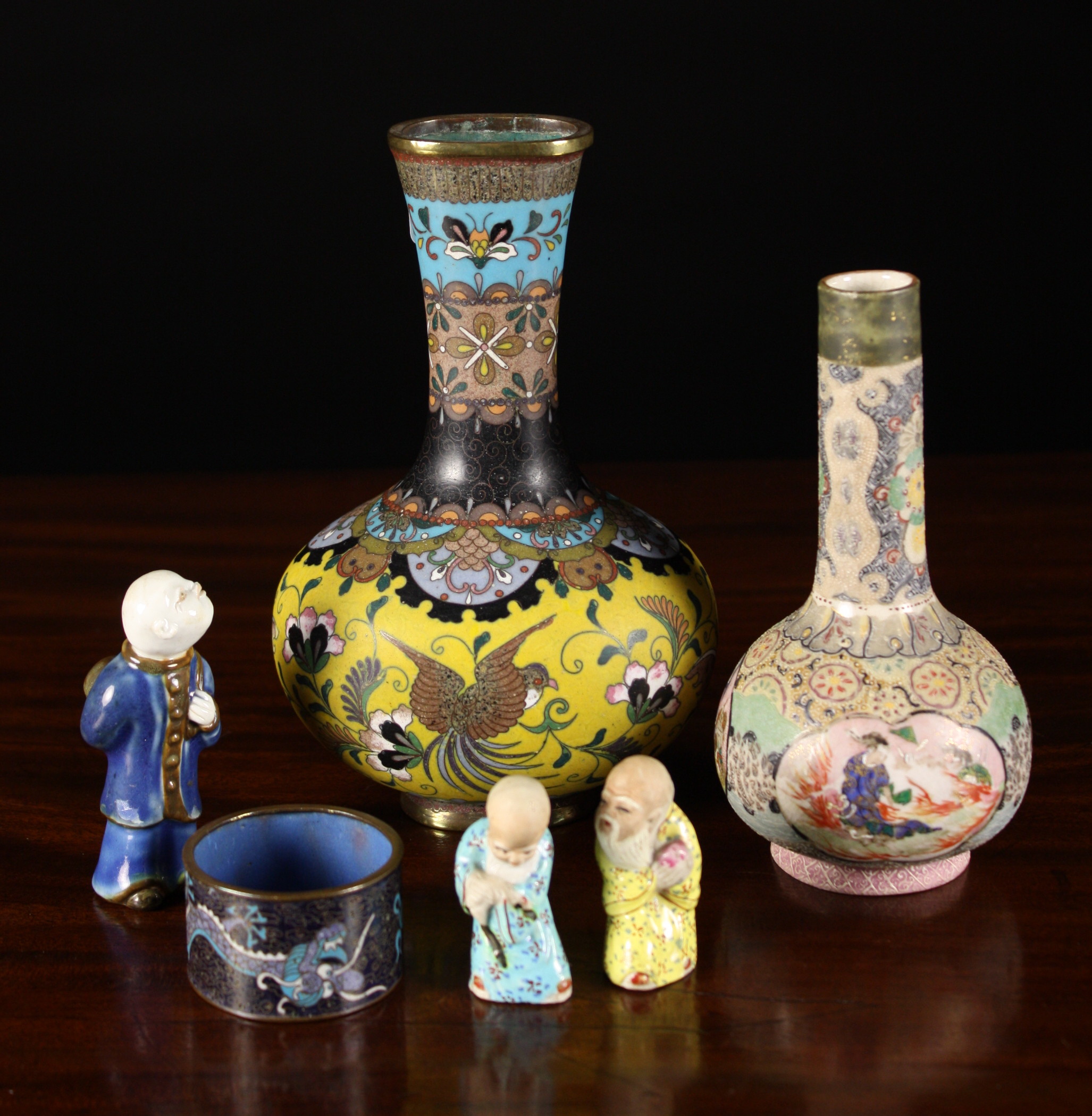 A Small Collection of Oriental ware: A cloisonné vase of oval bulbous form decorated with