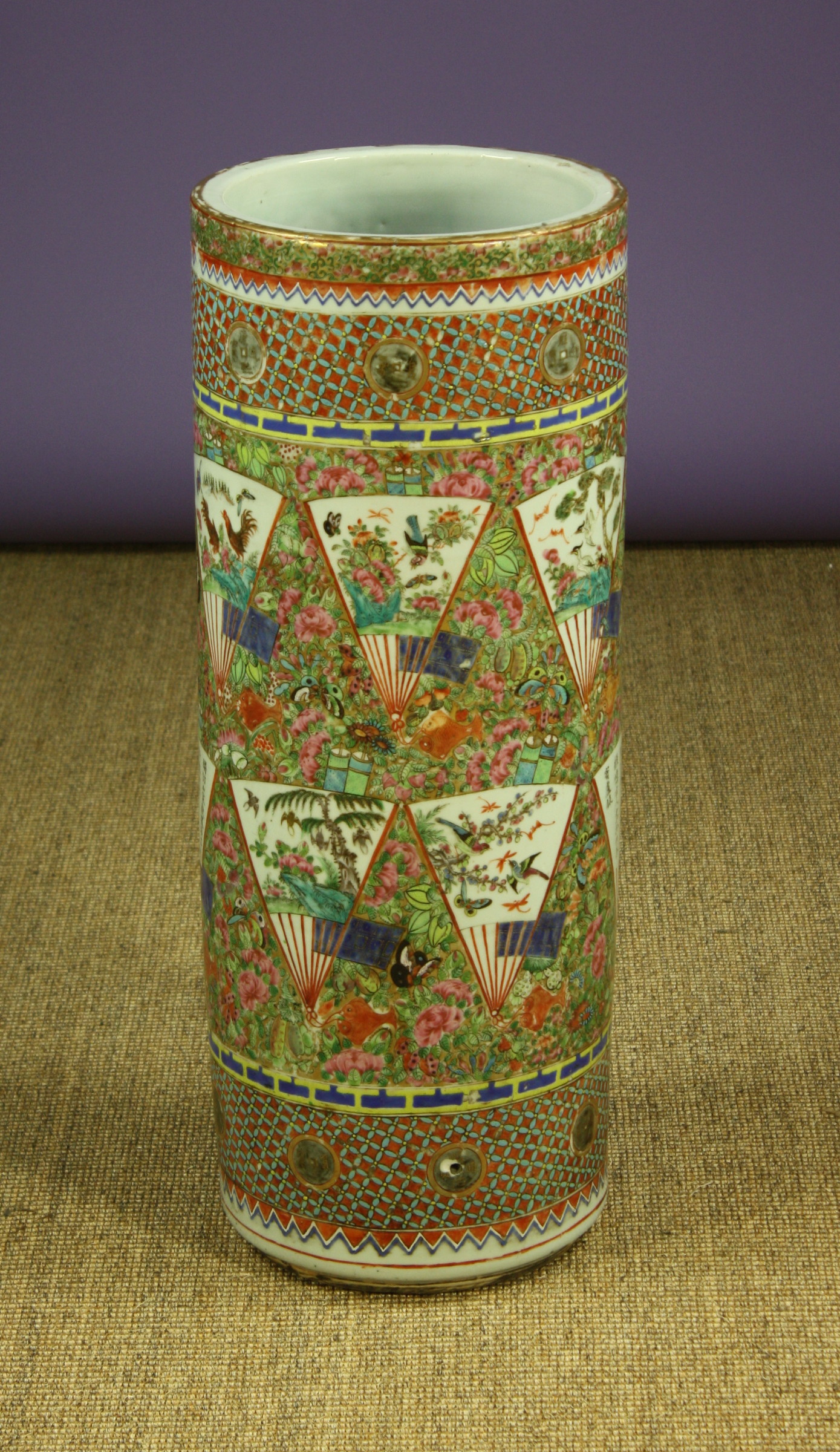 A Tall Cantonese Stick Stand of cylindrical form (A/F).  The sides intricately painted in polychrome