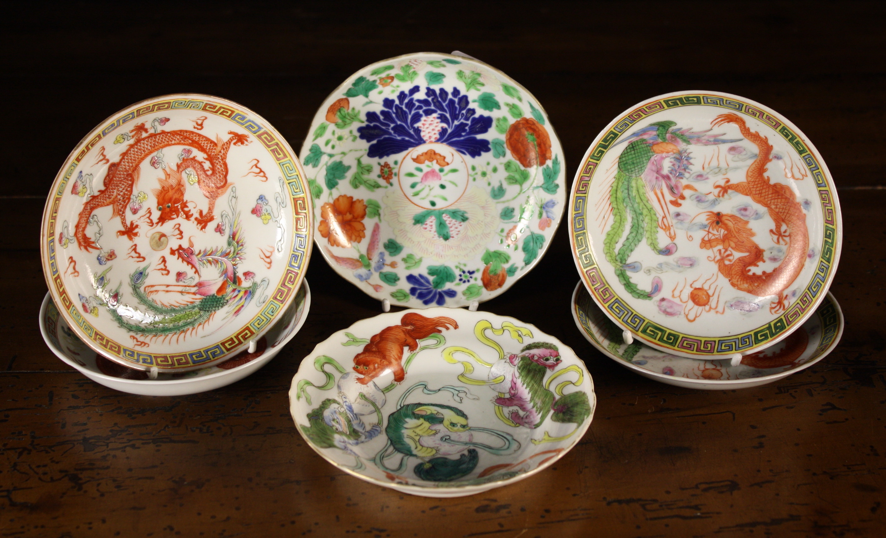 Six Small Decorative Chinese Plates; two pairs and two singles, with various marks, approximately 5¾