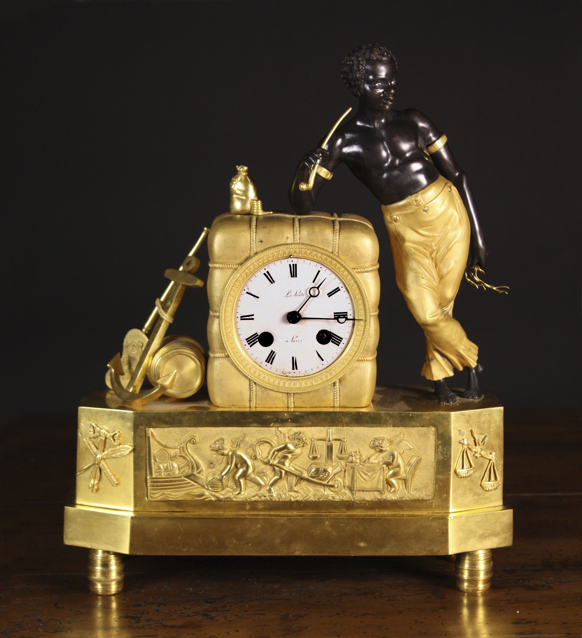 A Fine Quality 19th Century Gilt Bronze Mantel Clock.  The enamelled dial signed Le Paute à Paris
