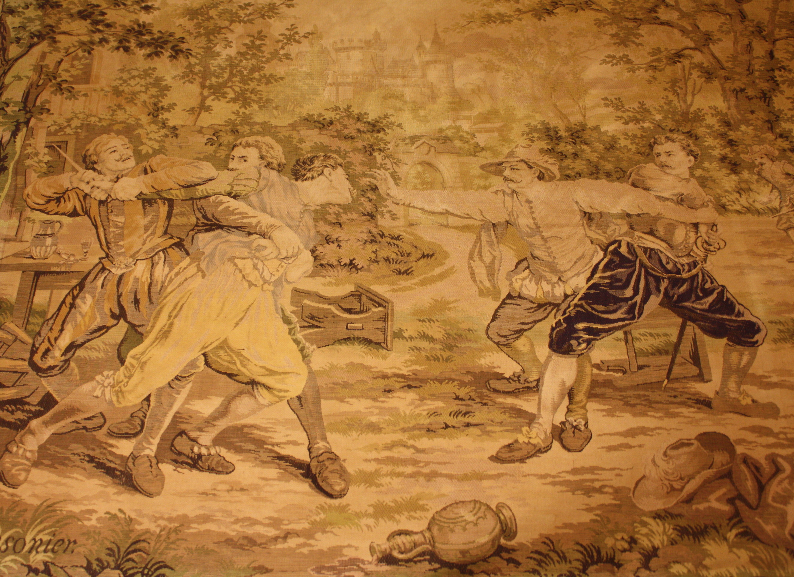 A Machine Woven Tapestry depicting Musketeers after Meissonier, 146 ins x 57 ins (370 cms x 144 cms)