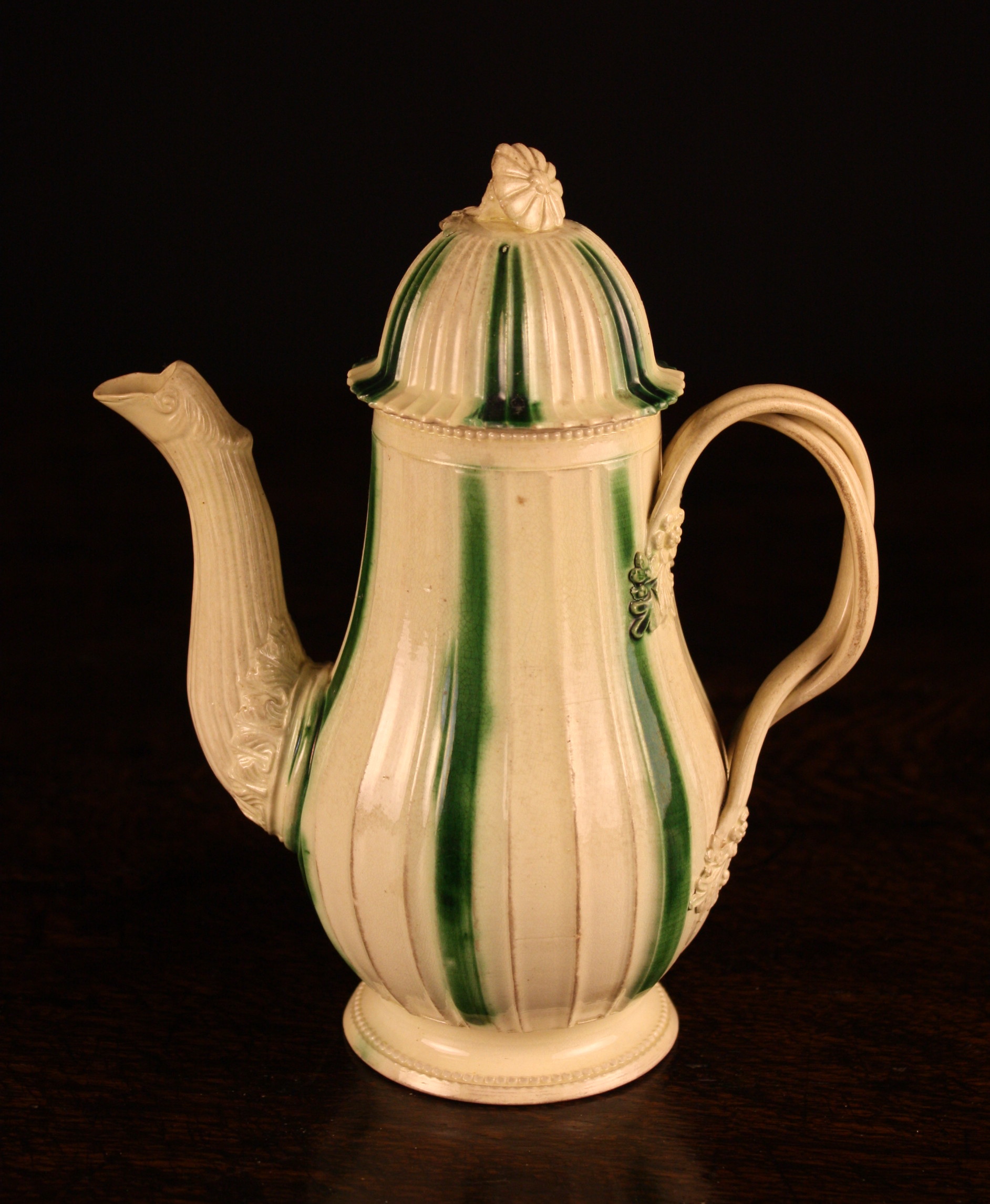 A Small 18th Century Leeds Coffee Pot & Cover Circa 1770, decorated with vertical green glazed