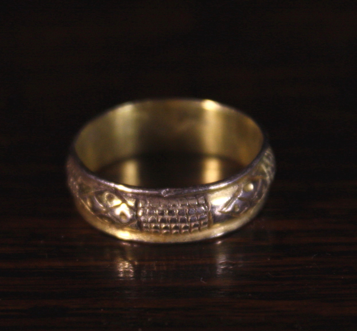 An Intricately decorated 15th Century Medieval Silver and Gilt Ring.