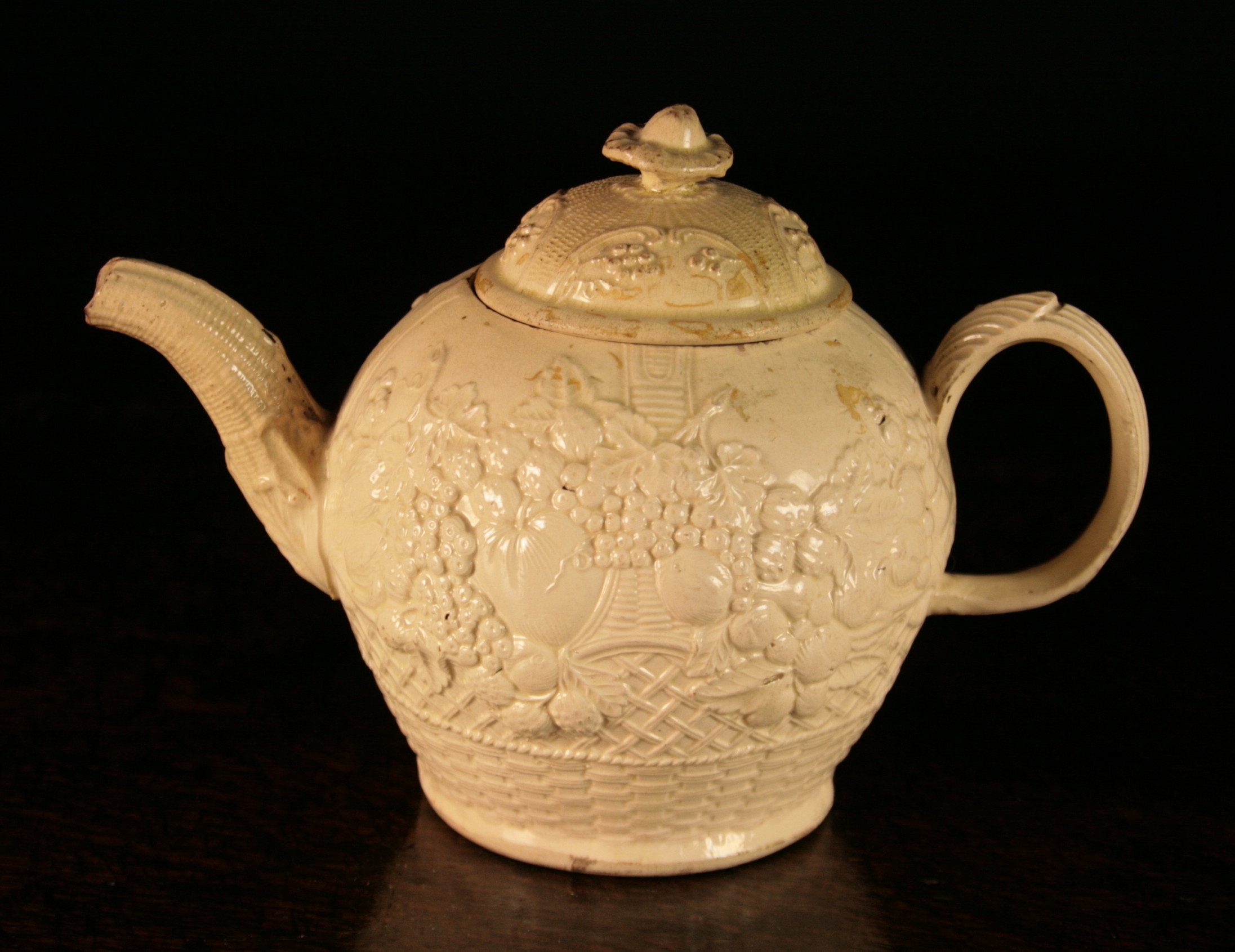 An 18th Century William Greatbatch Creamware Teapot Circa 1765 (A/F) modelled as a basket of fruit