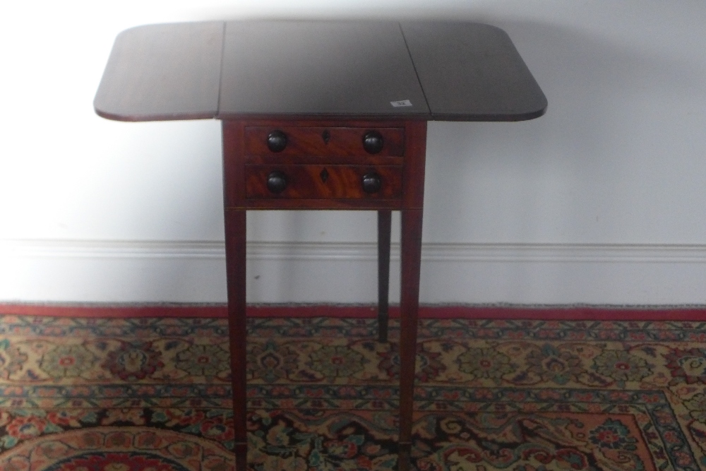 A George III drop leaf small mahogany Pembroke table, the D-end top inlaid with a band of