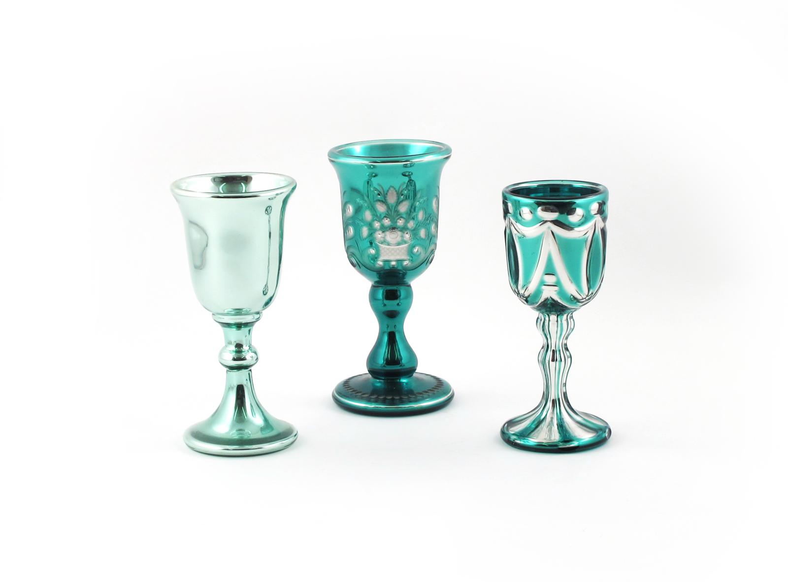 Two E. Varnish & Co mercury or silvered glass goblets, 19th century, cased in green and cut, one