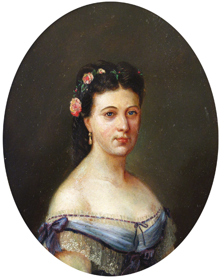 English School 19th Century A lady, head and shoulders wearing a blue dress and flower in her hair