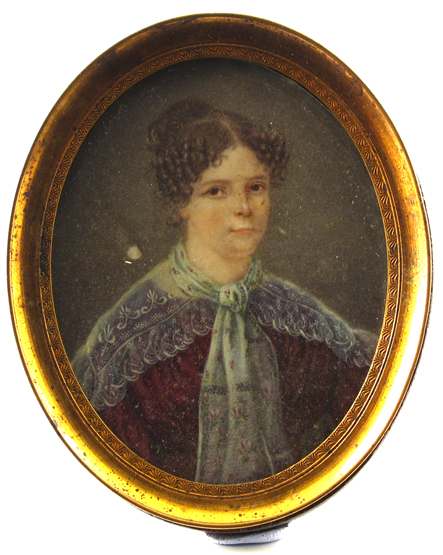 ? English School mid 19th Century A lady, half length, wearing a purple dress and lace shawl Oval,
