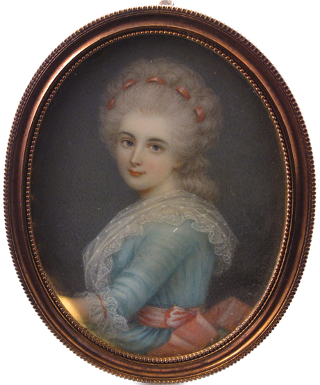 ? Continental School 19th Century A young lady, half length in a blue dress with a pink sash