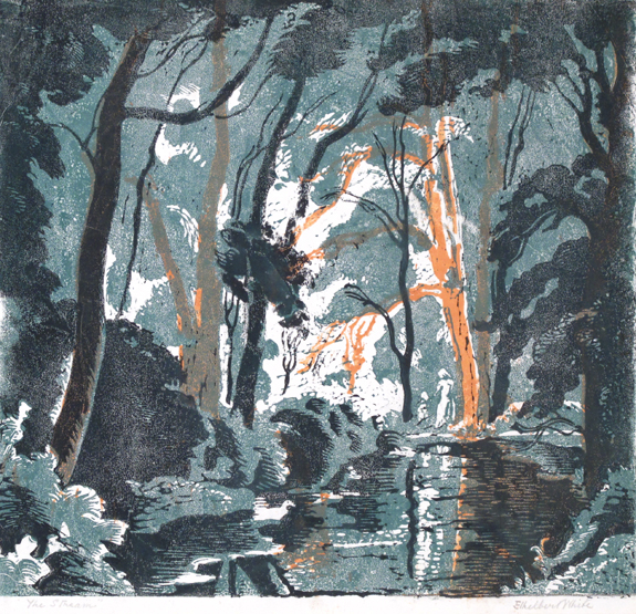 ‡Ethelbert White (1891-1972) The stream Signed and titled Linocut 36.5 x 40.5cm; 14 x 16in With a