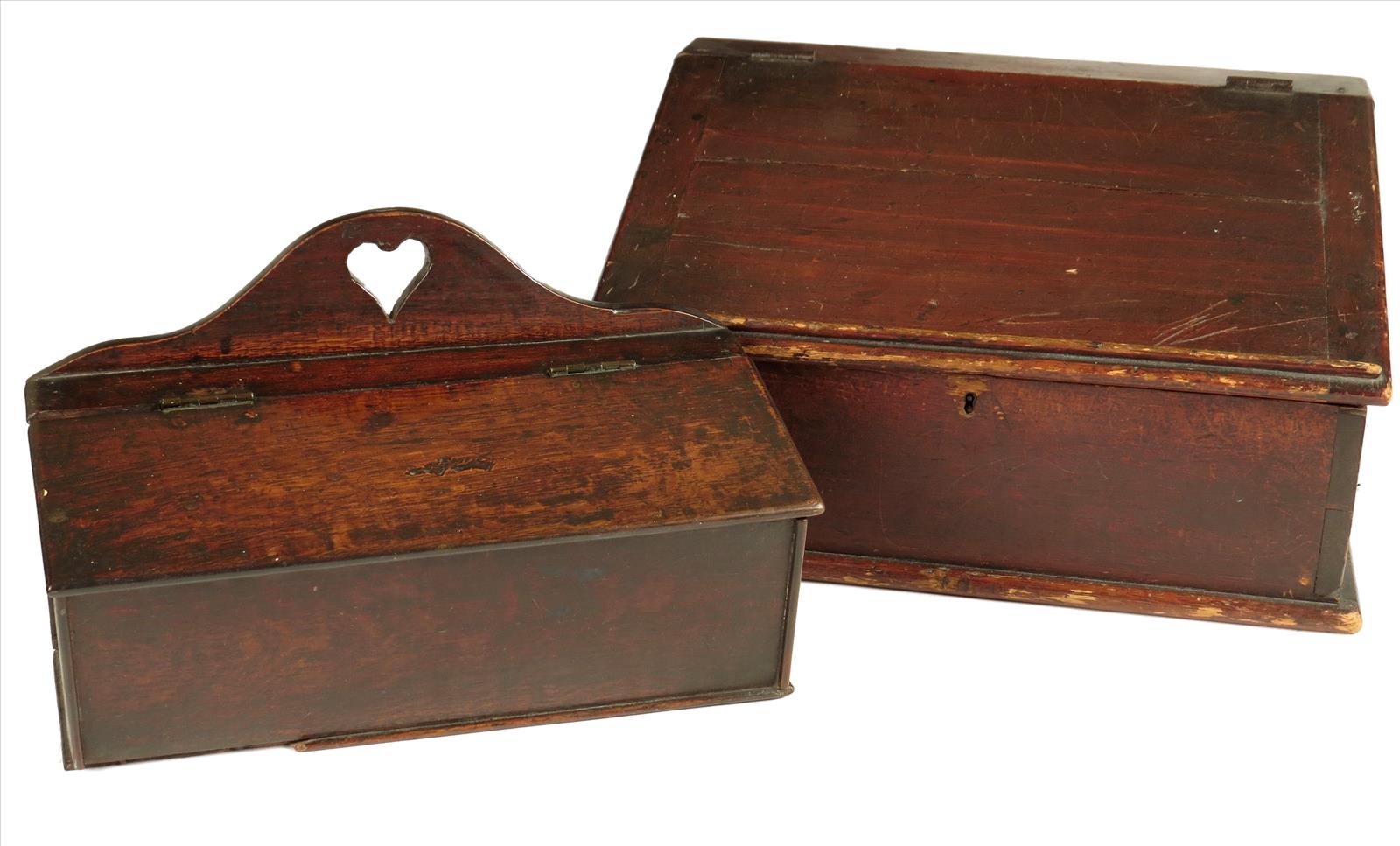 A 19th century Welsh oak candle box, with a pierced love heart, 9in (23cm) high, 14in (35.5cm) wide,