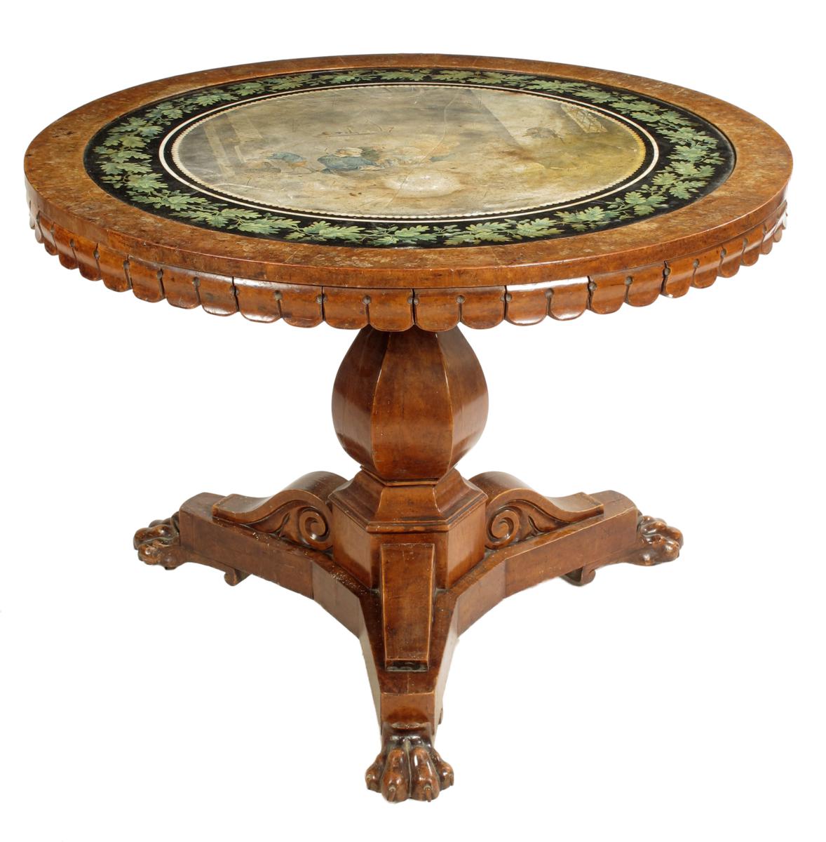 A Charles X burr maple centre table, the circular top inset an Italian scagliola panel depicting a