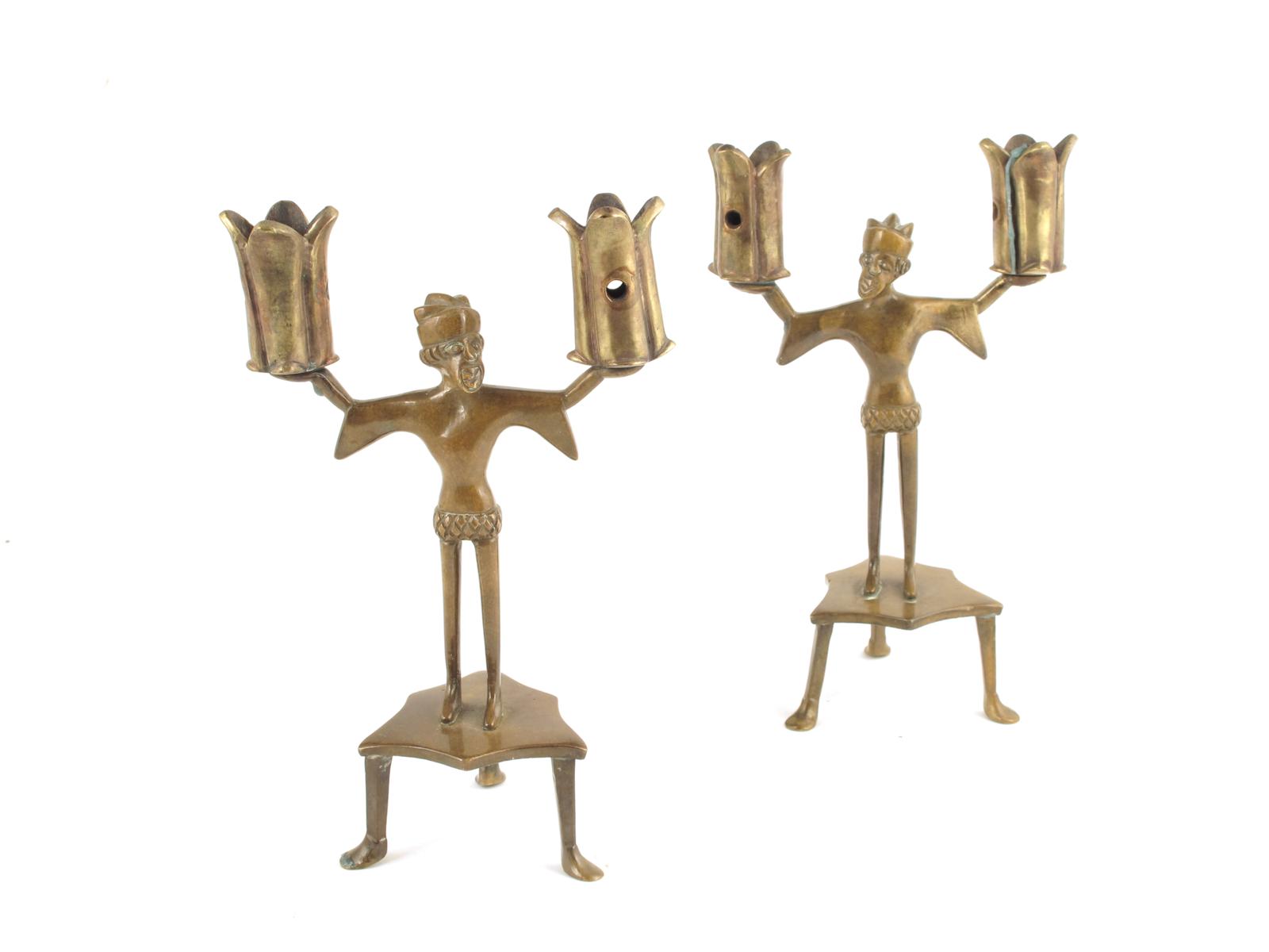 A pair of Central European bronze figural candlesticks, in 15th century style, 9in (22.8cm) high,