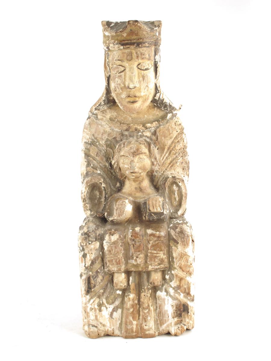 A European carved pine group of the Virgin and child enthroned, Sedes Sapientiae, with traces of