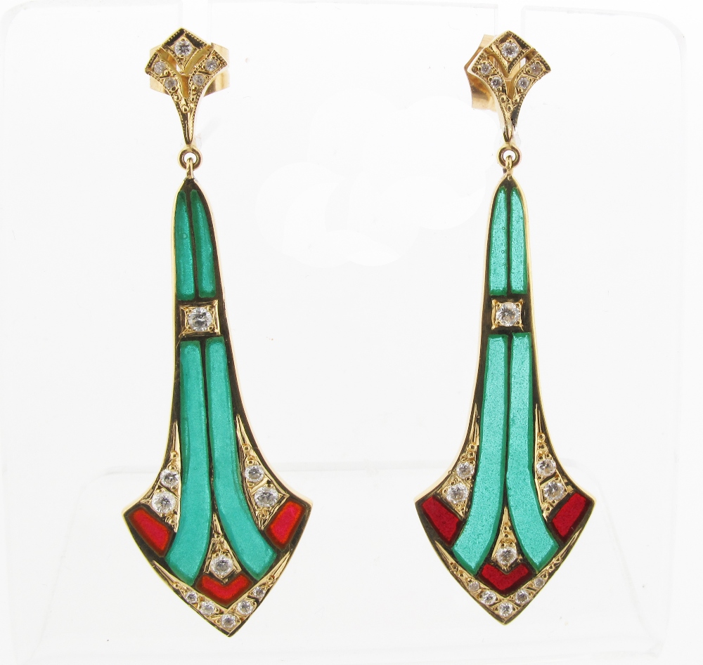 A pair of plique à jour enamel and diamond earrings, of symmetrical form, the green and red enamel
