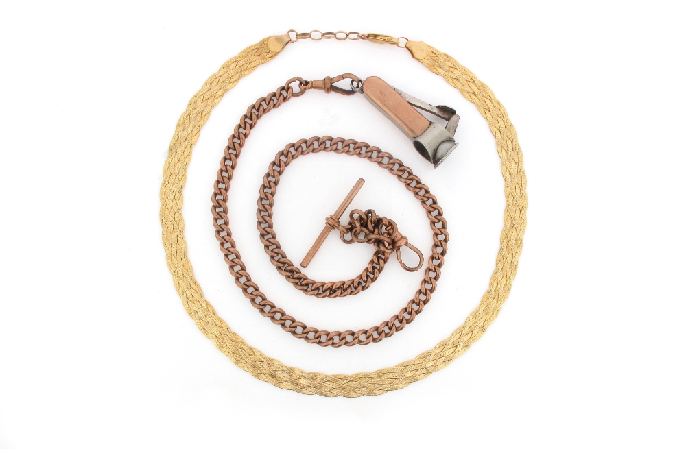 A 9ct gold curb link watch chain, 44cm. 53g. A gold and steel cigar cutter and a gold fine link