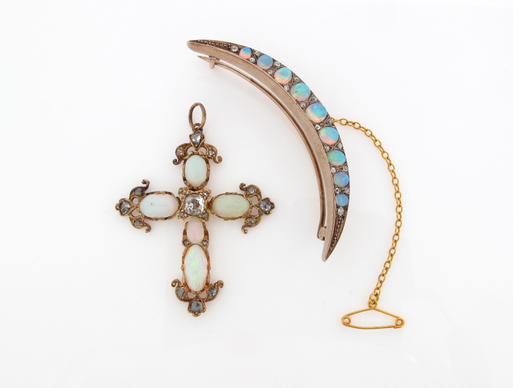 An opal and diamond set gold cruciform pendant, and an opal and diamond set open crescent form