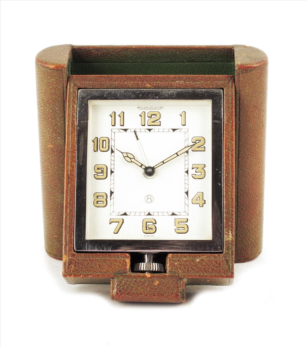 An alarm timepiece, cream painted rectangular dial signed Jaeger LeCoultre, eight day movement in