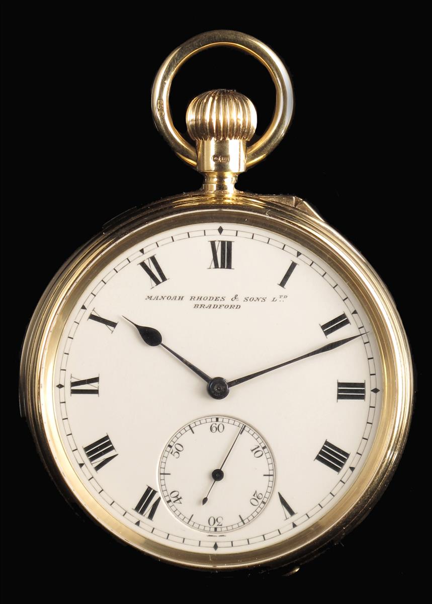 A good and heavy 18ct gold keyless lever watch with Kew certificate, white enamel dial signed Manoah