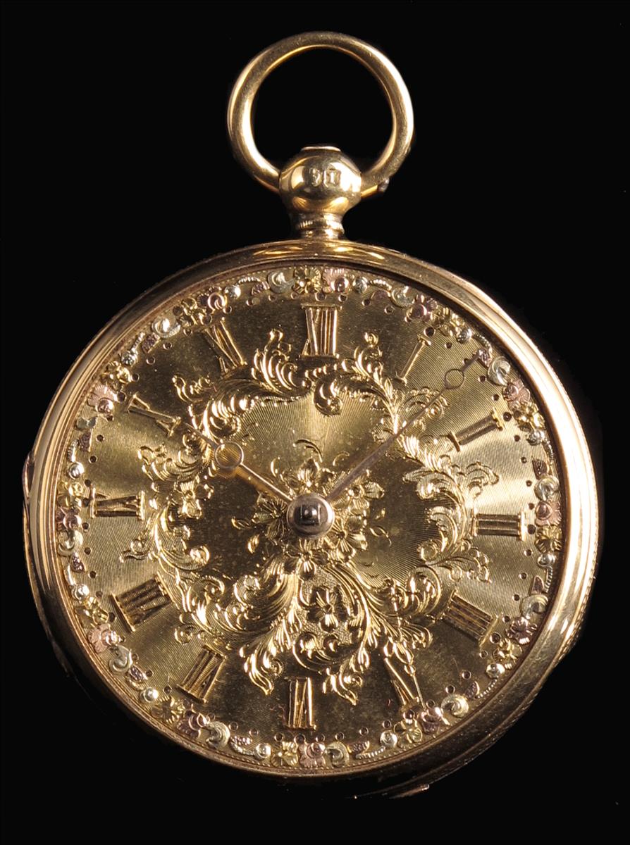 An 18ct gold verge watch, signed John Day, Birchin Lane, London, no. 11468, foliate engraved gold