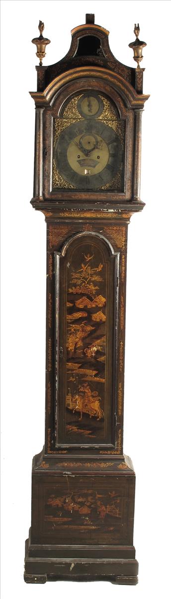 An eight day green japanned longcase clock, the 12 inch brass dial signed William Webster,