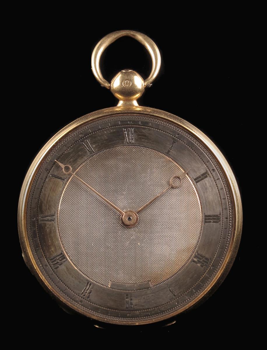 A Swiss gold cylinder watch, unsigned gilt movement, silvered guilloche dial with gold hands, in
