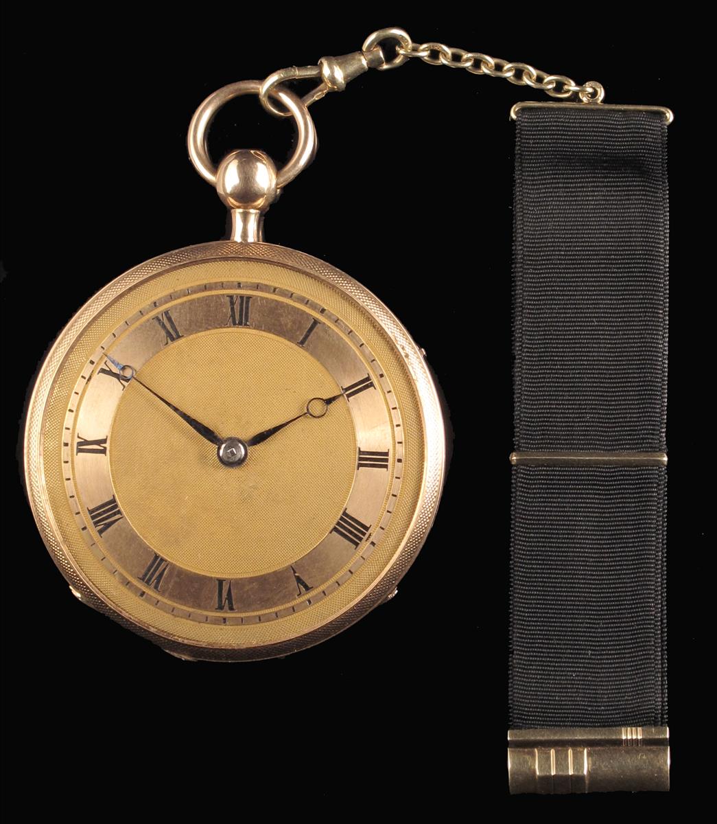 A Swiss 18k gold quarter repeating cylinder watch, gold dial, gilt cuvette, in a guilloche case with