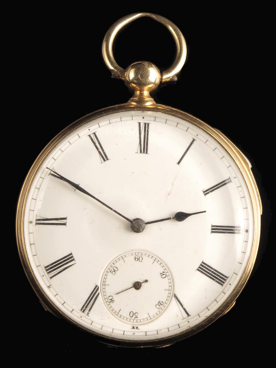 A Swiss gold quarter repeating watch, white enamel dial, bar movement with lever escapement,